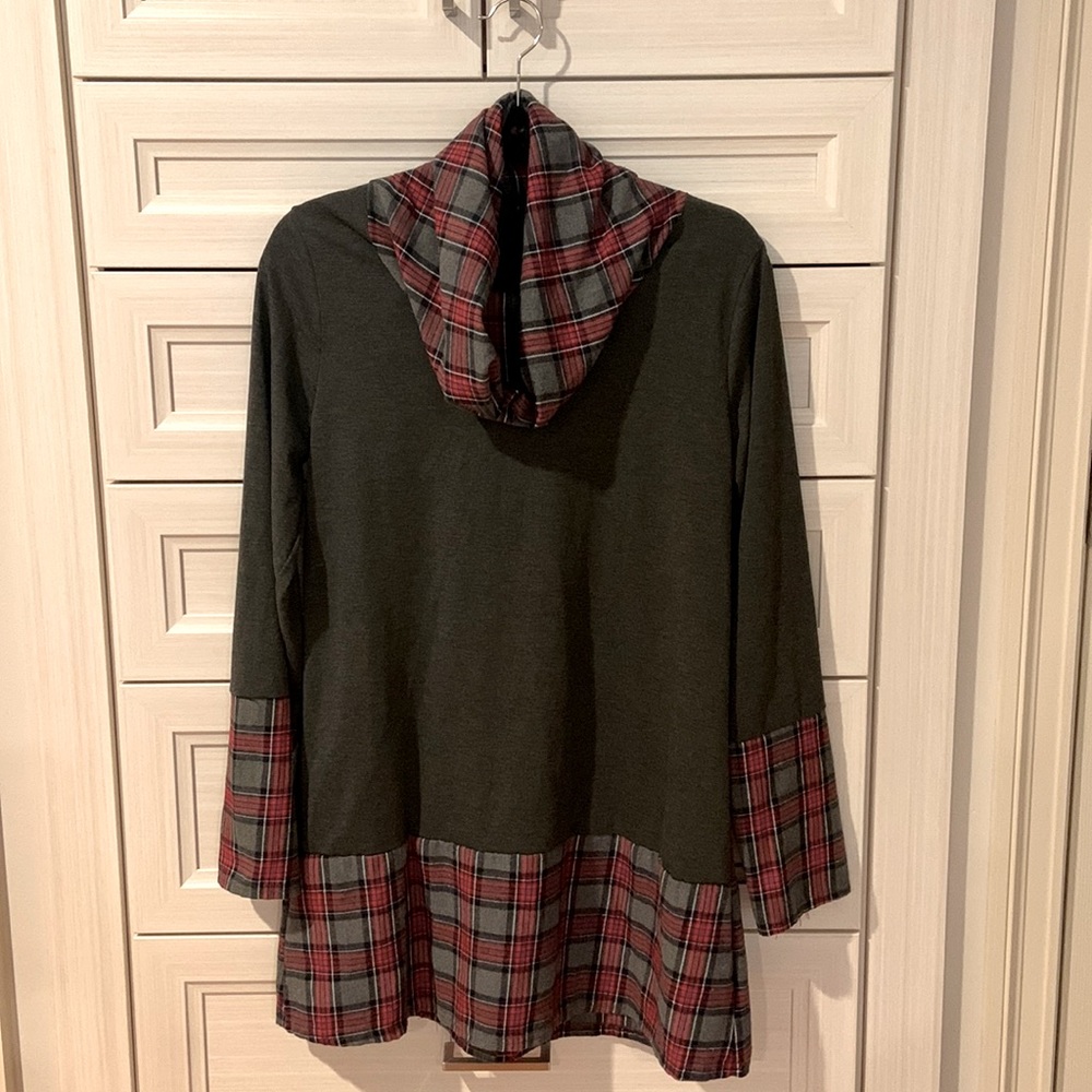 Cozy Red Plaid & Gray Cowl-neck Tunic